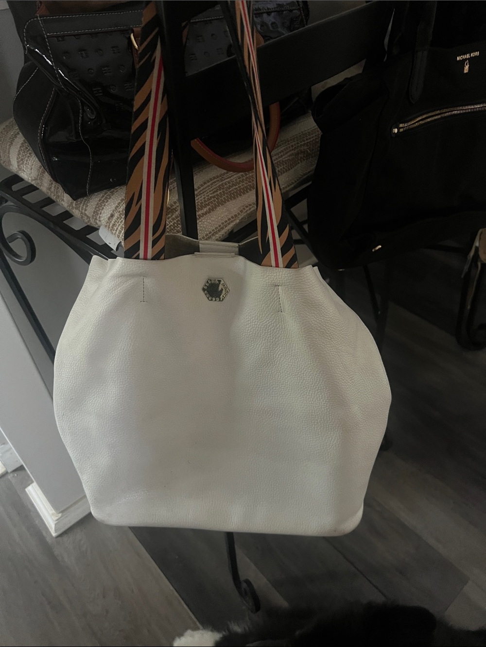 White Leather Tote with Striped Shoulder Straps